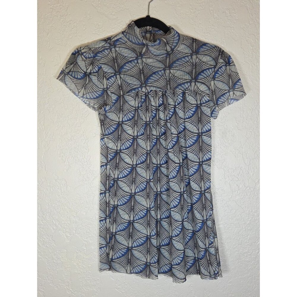 Sweet Pea Stacy Frati Womens Y2K Blue Retro Geometric Mesh Top Size S Fairy